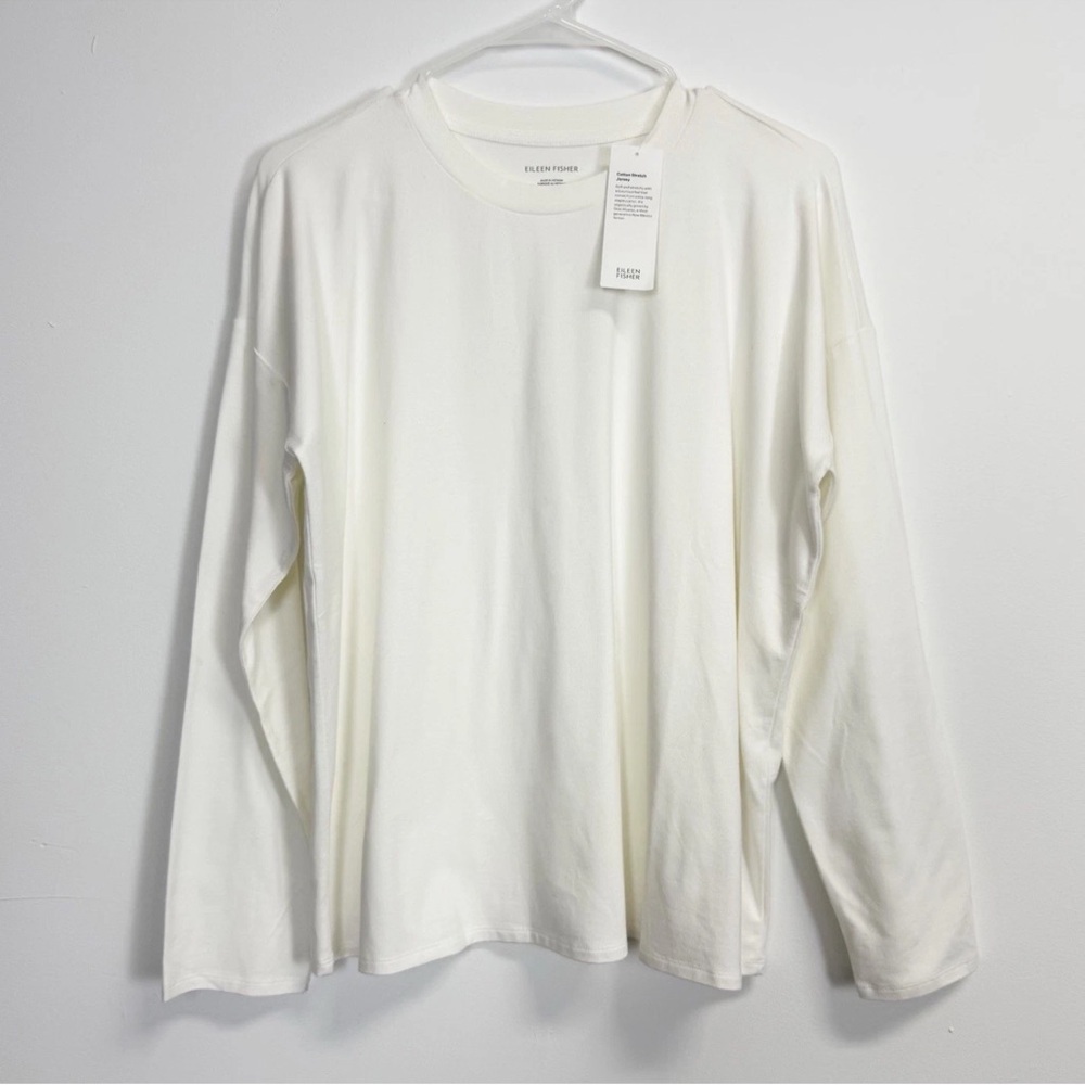 Eileen Fisher High Crew Neck Box Top Womens XS White Long Sleeve NWT NEW $148
